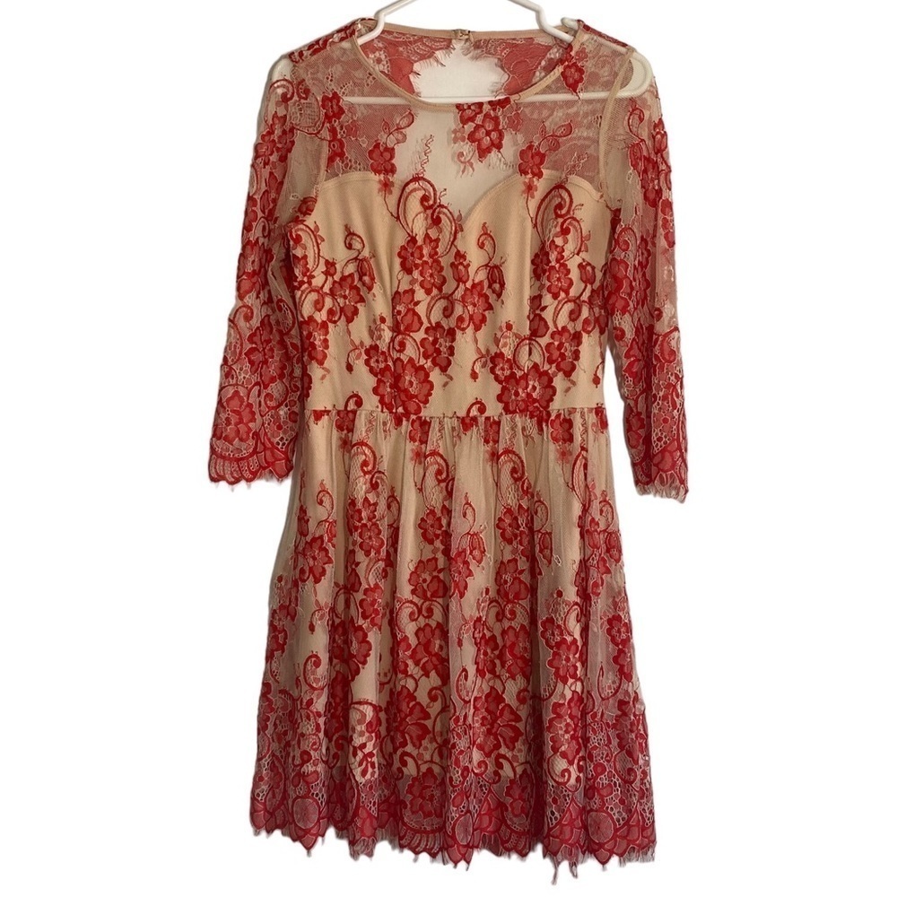 Soieblu Red Sheer Floral Lace Mini Dress 3/4 Sleeves Size Medium